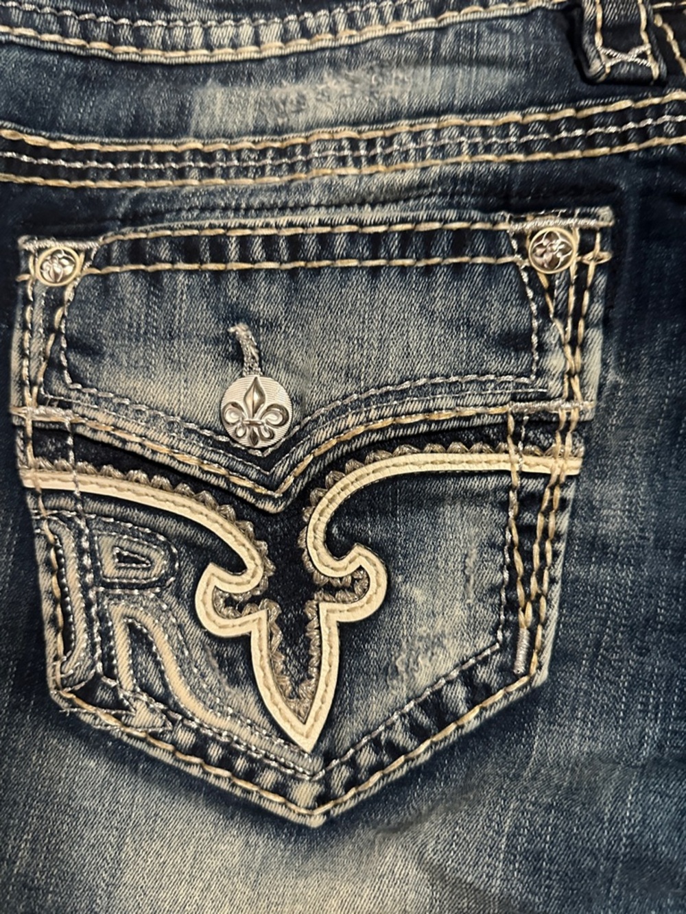 Rock Revival Distressed Dark Blue Denim Jean Shorts - Picture 6 of 7